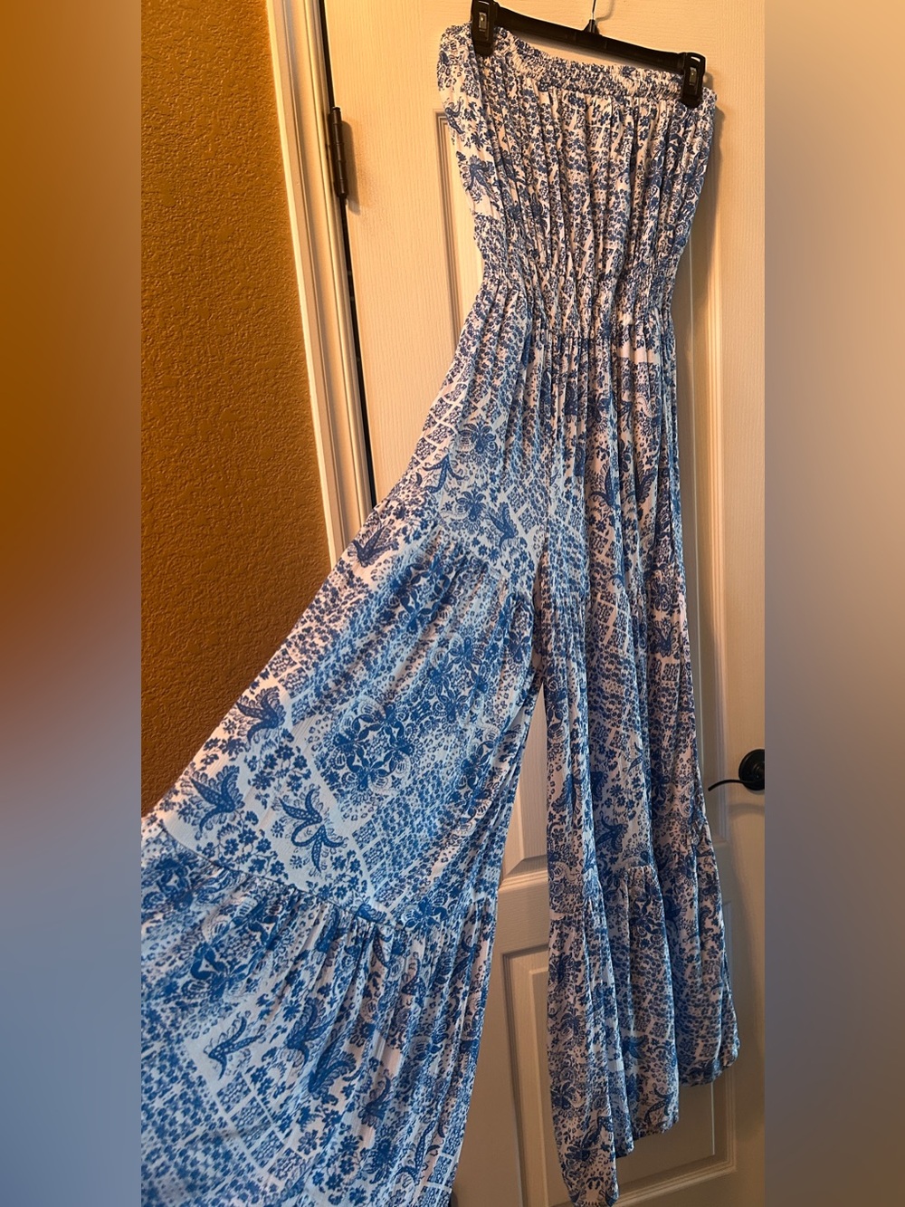 Vintage America Blue Floral Strapless Wide-Leg Jumpsuit